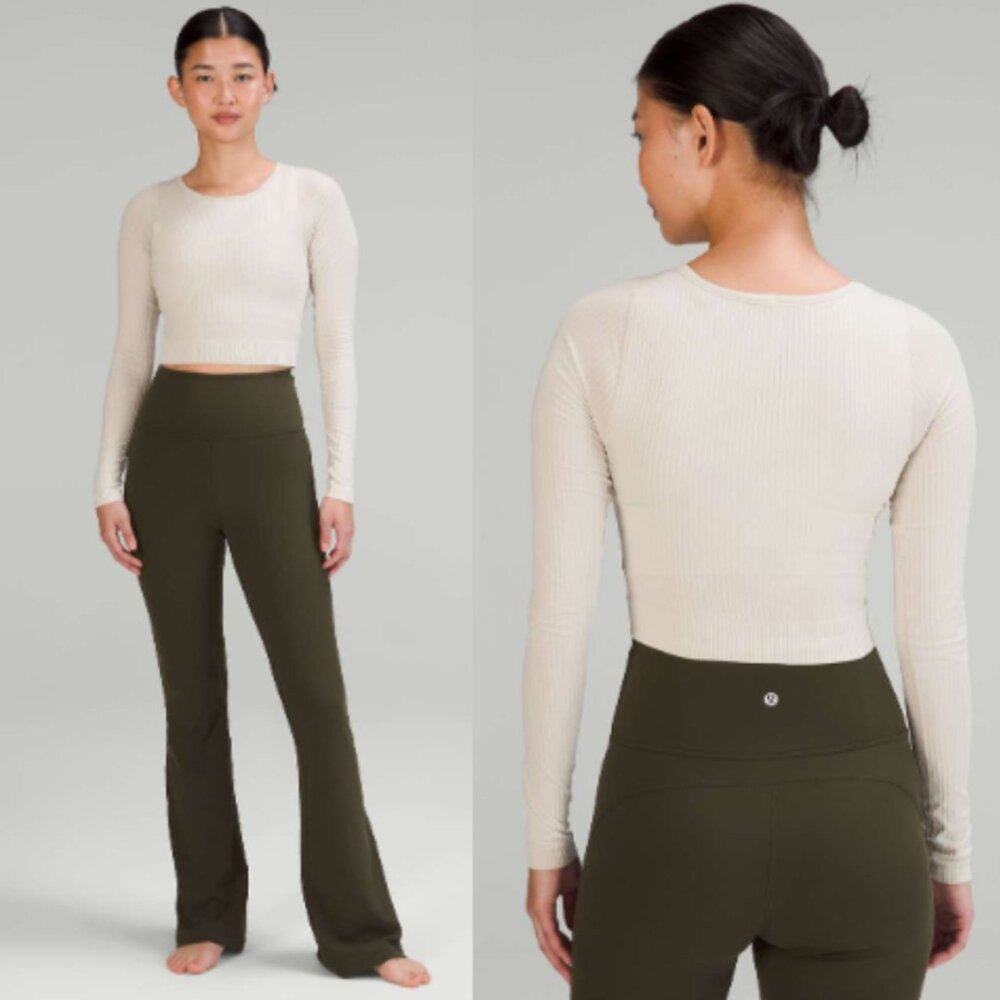 Lululemon Ebb Cropped Long Sleeve Shirt Beige Ribbed Knit Round Neck Sz 6